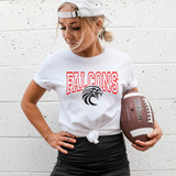 Falcons *CUSTOM COLOR OPTIONS* DTF Heat Transfer, woman holding a football wearing a white T-shirt with a Falcon logo and the word 'FALCONS' in red.