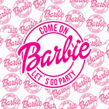 Come On Let's Go Party Sticker Sheet, pink and white circular sticker with 'Barbie' and 'Let's Go Party' text.