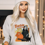 Barb Ghostface Halloween DTF Heat Transfer, illustration of Barbie and Ghostface characters preparing for Halloween, with a pumpkin and black cat.