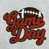 RED ORANGE Game Day Football Chenille Patch, embroidered patch featuring a football with white laces and the phrase 'Game Day' in bold red-orange letters.
