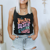 You Are More Than Your Failures DTF Heat Transfer, colorful motivational text on a black tank top worn by a woman.