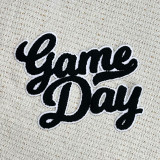 NO SPORT Black Game Day Chenille Patch, black and white embroidered patch with 'Game Day' text in a stylish script font, designed for sports fans and apparel customization.