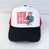 Run It Back PUFF Hat/Pocket Screen Print Heat Transfer, stylish red, white, and black trucker cap featuring bold text and graphic design.