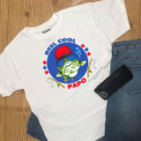 Reel Cool Papo Fishing Bass Sublimation Transfer, illustrated bass fish wearing sunglasses and a red bucket hat with fishing rods and stars, mounted on a white T-shirt.