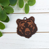 Bear Mascot Leather Keychain, brown and black detailed bear head design on leather