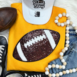 Sequins Football Patch Chenille Patch, close-up of a sports-themed embroidered football patch adorned with sequins and chenille details on yellow fabric with casual clothing and accessories around it.