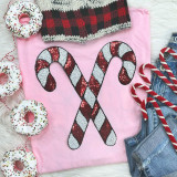 Sequins Candy Canes Patch, red and white sequin candy cane embroidered patch on pink fabric.
