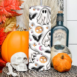 Ghosts 3D Effect Straight Tumbler Sublimation Transfer, Halloween-themed design with ghost faces, skulls, bats, and moons on a white background.