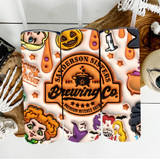 SSisters 3D Effect Straight Tumbler Sublimation Transfer, Halloween-themed spooky design with pumpkins, witches, and cartoon characters.
