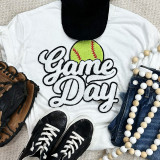 Softball White Game Day Chenille Patch, white T-shirt with baseball patch and sports accessories.