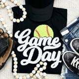 Softball White Game Day Chenille Patch, embroidered patch with a yellow-green softball and the words 'Game Day' in white cursive letters.