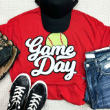 Softball White Game Day Chenille Patch, embroidered white chenille patch with a yellow softball and red stitching, featuring the text 'Game Day' in bold white lettering with black outline.