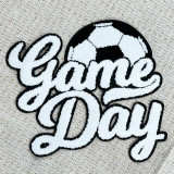Soccer White Game Day Chenille Patch, embroidered patch with the word 'Game' and an image of a soccer ball.