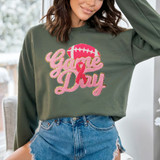 Gold GLITTER Breast Cancer Game Day Chenille Patch on woman's sweatshirt with pink ribbon and football design.