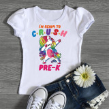 Back To School Dabbing Unicorns Pre-k Sublimation Transfer, white t-shirt with colorful unicorn graphic and text for preschool-back-to-school kids.