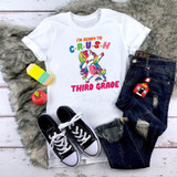Back To School Dabbing Unicorns Third Grade Sublimation Transfer, graphic t-shirt with colorful unicorn and text for third grade students.