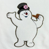 Frosty Chenille Patch, playful snowman embroidered patch with a top hat, pink flower, and a drink, outlined with gold trim.