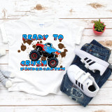 Back To School Monster Truck Crush Kindergarten Sublimation Transfer T-Shirt, kids' white T-shirt with colorful monster truck graphic and playful text design.