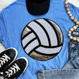 Sequins Volleyball Patch Chenille Patch, decorative embroidered patch with sequins detailed in a volleyball design on a blue t-shirt.