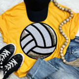 Sequins Volleyball Patch Chenille Patch, a close-up of a circular patch featuring a stylized volleyball design made of black and white sequins, embroidered onto a yellow T-shirt.