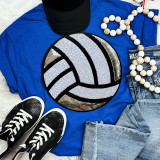 Sequins Volleyball Patch, round patch with black sequins outlining a volleyball pattern on a blue t-shirt.