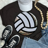 Sequins Volleyball Patch Chenille Patch, a round patch featuring a white volleyball with black lines, decorated with shiny sequins and embroidered edges on a black background.