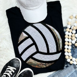 Sequins Volleyball Patch Chenille Patch, black and white sequined volleyball design on a black background.