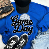 Volleyball Black Game Day Chenille Patch, black and white volleyball patch on a blue sweatshirt with 'Game Day' text.