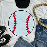 Sequin Baseball Patch, round patch designed to resemble a baseball with red sewn seams and a white background, featuring shiny sequins for decorative embellishment.