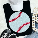 Sequins Baseball Patch, round white and black baseball-themed patch with red sequin stitches