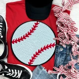 Sequins Baseball Patch, sparkly round embroidery patch with red baseball seams on a white background, displayed with casual clothing and accessories.