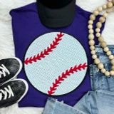 Sequins Baseball Patch, round white patch with red baseball stitching design, sparkling sequins, embroidered baseball themed patch for customization.