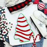 Snack Cake Chenille Patch, Christmas-themed chenille patch shaped like a striped Christmas tree with red and white colors and green outline.