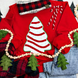 Snack Cake Chenille Patch, white and red striped holiday tree embroidered patch on red sweater with Christmas decorations.