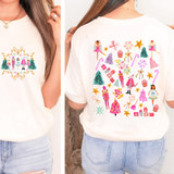 Pink Nutcracker Collage DTF Heat Transfer, colorful holiday-themed illustrations of nutcrackers, Christmas trees, gifts, and festive decorations on a white t-shirt.