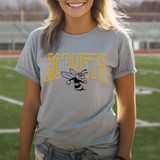 Hornets #2 *CUSTOM COLOR OPTIONS* DTF Heat Transfer, person wearing a gray T-shirt with a Hornets mascot and bold yellow Hornets text on it.