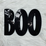 Black BOO Sequin Patch, shiny black embroidered patch with sequins spelling 'BOO' for decorating clothing or accessories.