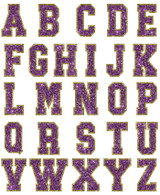 Purple Glitter Letters Sticker Sheet, a vibrant sheet with uppercase alphabet letters decorated in purple glitter with gold borders.