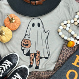 Ghost With Pumpkin Bucket Screen Print Heat Transfer, Halloween themed design featuring a ghost holding a pumpkin bucket on a gray shirt.