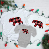 Buffalo Plaid SISTER Bear Screen Print Transfer, image showing personalized bear-themed holiday T-shirts for sister, brother, and baby with red and black buffalo plaid pattern.
