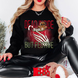 Dead Inside But Festive DTF Heat Transfer, Christmas-themed sweatshirt featuring a gingerbread cookie and skeleton hand holding a festive mug with holiday decorations.