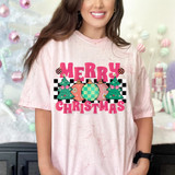 Merry Christmas Retro DTF Heat Transfer, Christmas themed design on a pink T-shirt with holiday ornaments and decorated Christmas trees.
