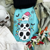 Snowman Skeletons Screen Print Heat Transfer, festive holiday design featuring a skeleton snowman with a pink Santa hat, surrounded by snowflakes and bats.