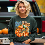 Meet Me At The Pumpkin Patch DTF Heat Transfer, a colorful autumn-themed design featuring pumpkins, leaves, and the text 'Meet Me At The Pumpkin Patch' on a woman's sweatshirt.