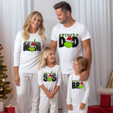 Green Guy Mom Faux Sequins DTF Heat Transfer, family wearing Christmas pajamas with humorous matching shirts featuring holiday-themed text and images.