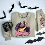 Shawty A 'Lil Batty DTF Heat Transfer, cartoon bat character graphic with flowers on sweatshirt and sleeve