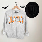 Mama Ghosts DTF Heat Transfer, sweatshirt with Halloween-themed Mama ghost design in orange and black letters with small ghost illustrations.