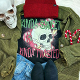 Kinda Sweet Kinda Twisted Screen Print Heat Transfer, decorated with a colorful skull and candy design on a black background, featuring vibrant pink and green text.