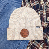 Thankful Grateful Blessed Leather Hat Patch, beige knitted beanie with a leather patch that says 'Thankful, Grateful, Blessed' on it.