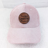 Thankful Grateful Blessed Leather Hat Patch, pink corduroy baseball cap with a round leather patch embroidered with the words 'Thankful, Grateful, Blessed'.